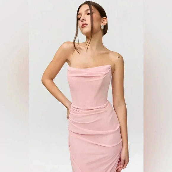 House of CB Adrienne Pink Quartz Georgette Strapless Gown Maxi - Picture 5 of 7